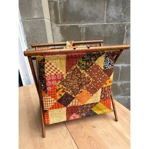 Vintage Patchwork Fabric Magazine Rack Sewing Wood Folding Stand Colorful Retro